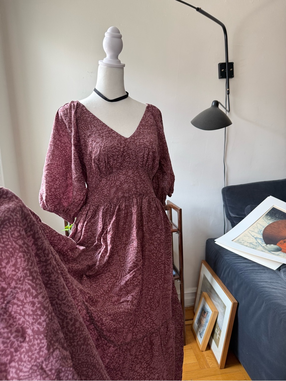 Dusty Mauve Cotton Midi Dress / Cottage Core Prairie Boho Puff Sleeve